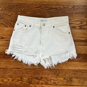 Zara Women's White Distressed Denim Shorts